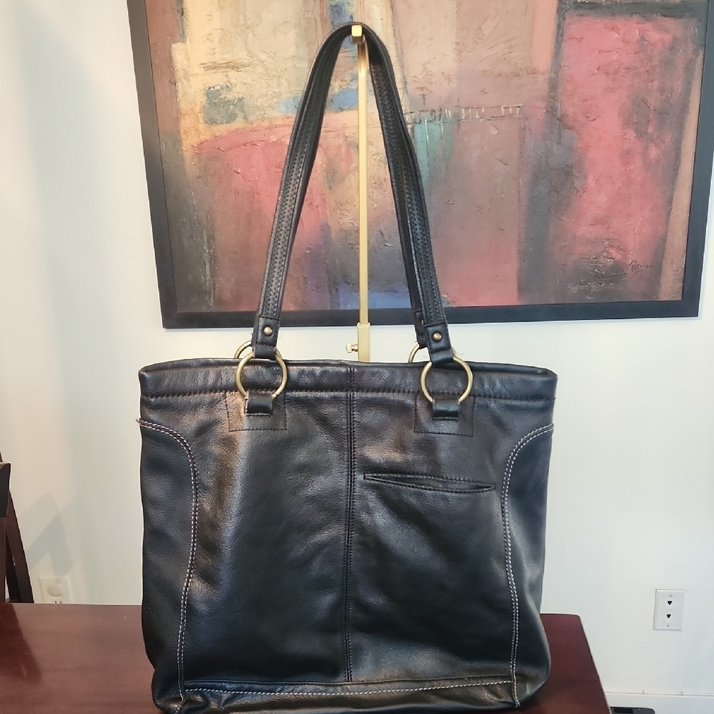 The Sak Black Pebbled Leather Tote Shoulder Bag Brass Hardware - Picture 5 of 11